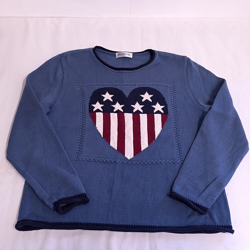 Parkhurst Sweater Women Medium Blue Heart American Flag Patriotic Long Sleeve
